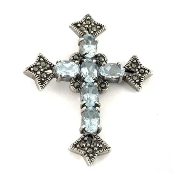 Jewelry - Sterling Silver 925 Aquamarine Marcasite Vintage Cross Pendant